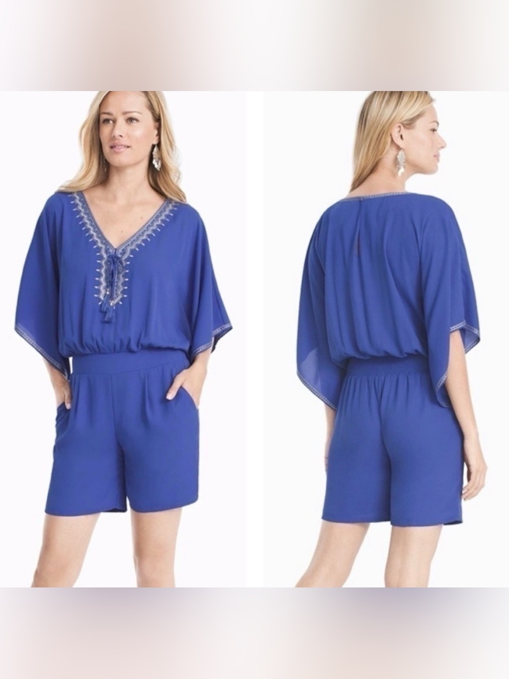 White House Black Market Periwinkle Blue Embroidered Kimono Sleeve Romper